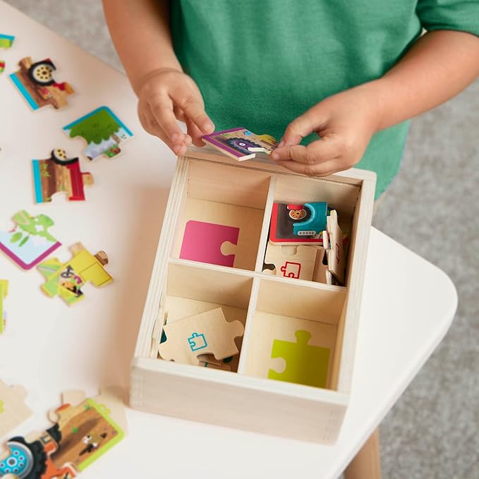 B. toys – Wooden Puzzle Set – Car Carrier, Loader, Excavator, Dump Truck – 12-Piece Jigsaw Puzzles For Kids – 3 Years + – Pack o' Puzzles - Trucks