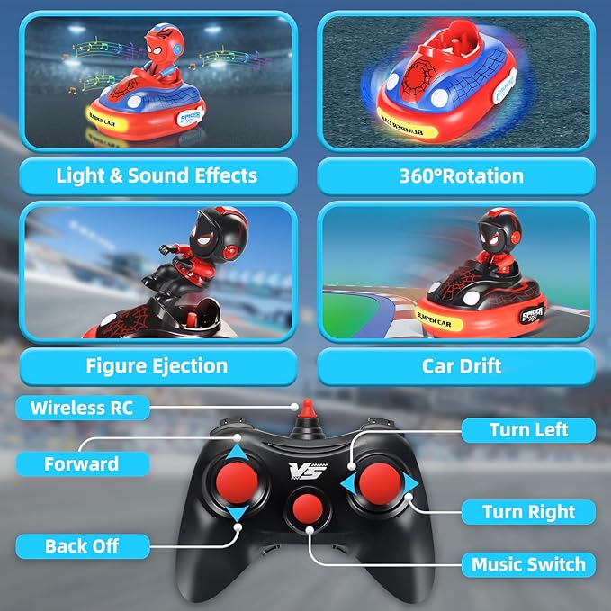 Spider Remote Control Bumper Car Set of 2, Mini RC Car with Light & Sound Effect 360° Rotating Spider Figures Bump and Eject Toy Cars for Kids Boys Girls 3-4 4-6 5-7 8-13
