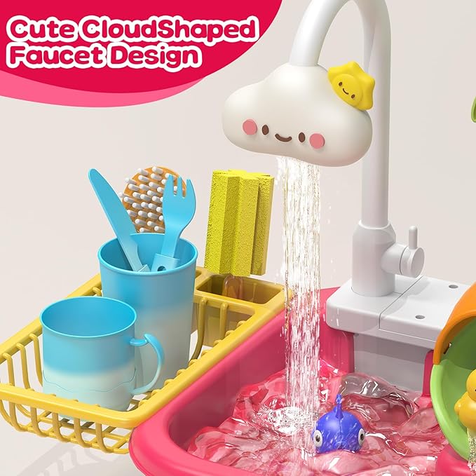 Kitchen Play Sink Toys with Running Water for Kid 4-8,4-in-1 Electric Water Table for Toddlers 1-3 with Water Pump,Animals, Food, Tableware,Color Changing Pretend Role Birthday Toy for Boy and Girl