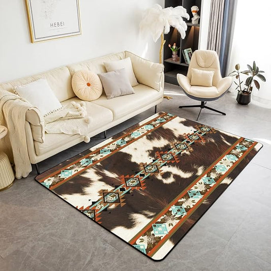 Erosebridal Cowhide Area Rug 5x7, Brown Highland Cow Print Rug, Western Rug Exotic Aztec Carpet for Bedside, Farmhouse Wild Animals Longhorn Skin Cowboys Washable Decorative Rug for Men