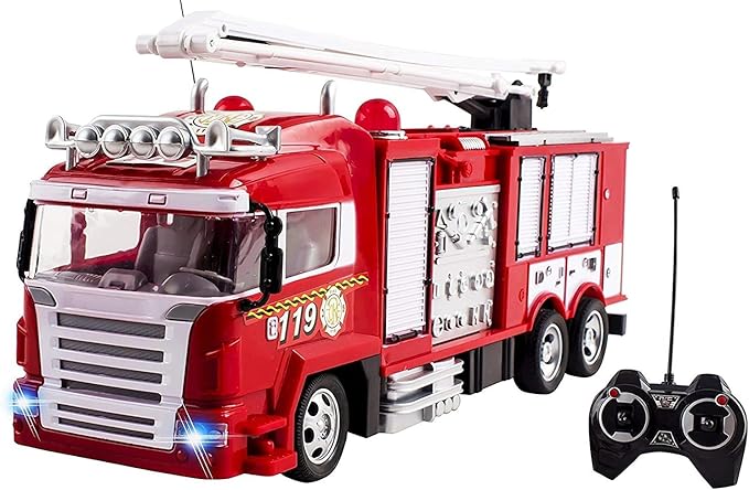 RC Fire Truck Rescue Engine Radio Remote Control w/ Music and Flashing Lights Rechargeable Battery