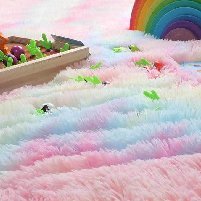 PAGISOFE 4x6 Rainbow Fluffy Soft Plush Area Rugs for Girls Bedroom, Shaggy Rugs for Kids Playroom,Kawaii Princess Fuzzy Rugs for Nursery Baby Toddler,Cute Colorful Room Decor for Teenage