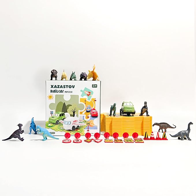 Puzzle Track Car Play Set with 12 Dinosaur Figures, Plastic Railcar Floor Puzzles for Kids Ages 3-5 with Vehicles, Toys Gifts for 3 4 5 6 Year Old Boys
