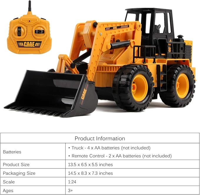 Vokodo RC Bulldozer 13.5" Full Function 1:24 Scale 2.4Ghz Construction Vehicle Toy Front Loader Tractor Truck Electric Remote Control Radio Digger Car Ready to Run for Children Kids Boys