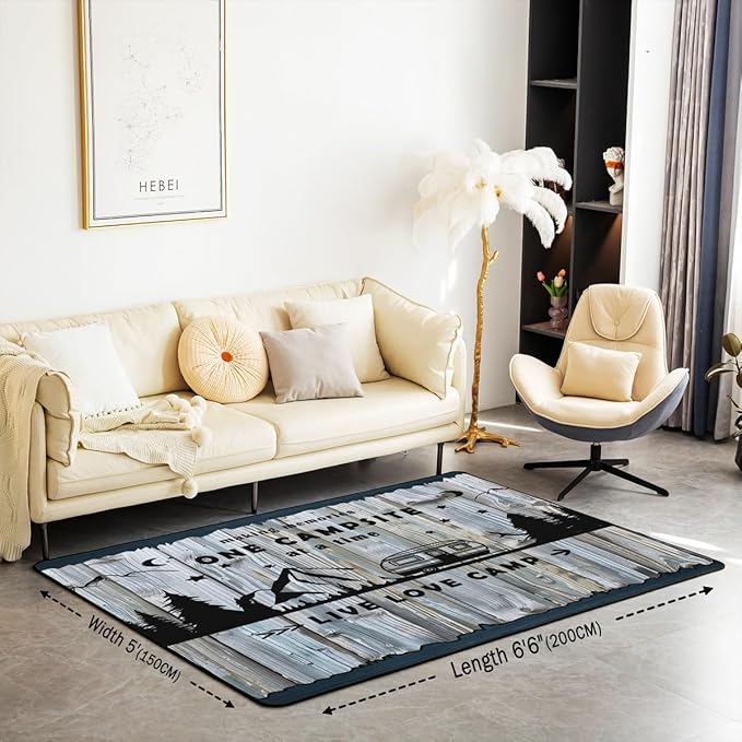 Erosebridal Happy Camping Area Rug 5x7 RV Campsite Rug for Teens Retro Wooden Board Rustic Mountain Carpet Blue Black Live Love Camp Cabin Bedroom Non Slip Decorative Rug
