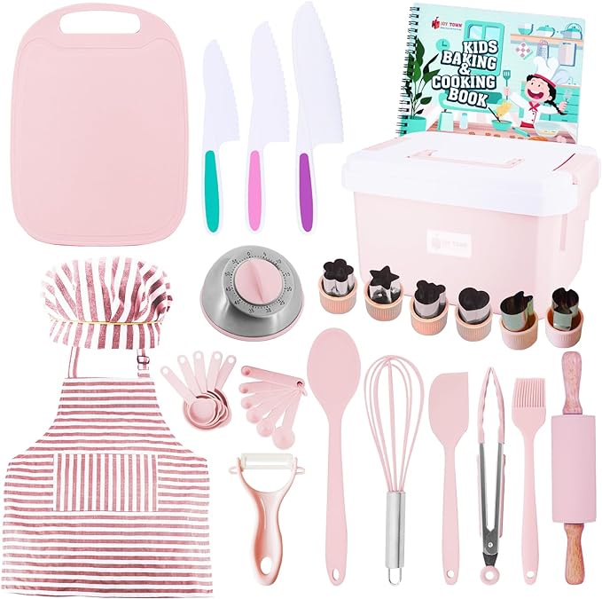 JoyTown Kids Cooking and Baking Set with Storage Case –Complete Cooking Supplies for The Junior Chef with Cookbook, Knives, Timer, Kids Baking Kit for Girls & Boys – Real Utensils Accessories - Pink