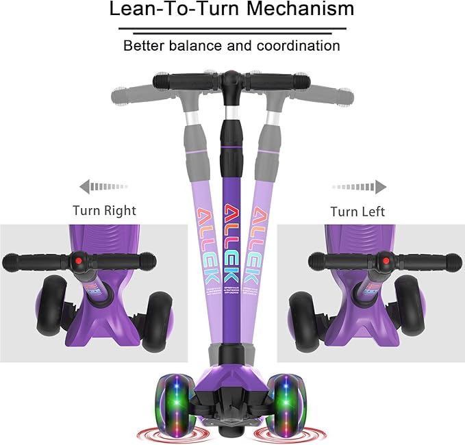 Allek Kick Scooter B03, Lean 'N Glide 3-Wheeled Push Scooter with Extra Wide PU Light-Up Wheels, Any Height Adjustable Handlebar and Strong Thick Deck for Children from 3-12yrs (Purple)