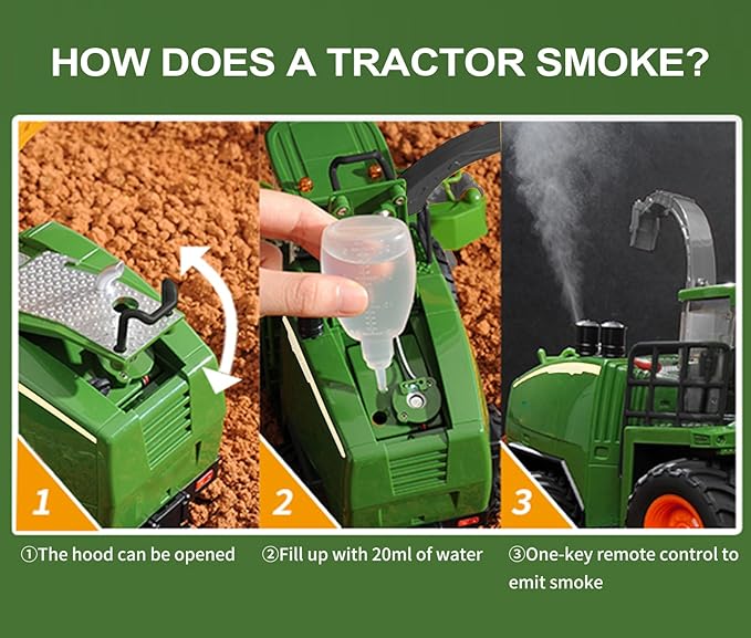 Remote Control Tractor Toy - RC Truck for Kids with Spray Function/LED Light/Realistic Sound, 2 Rechargeable Batteries, Toddlers Farm Vehicle Toys for 3 4 5 6 7 8 Year Old Boys Christmas Birthday Gift