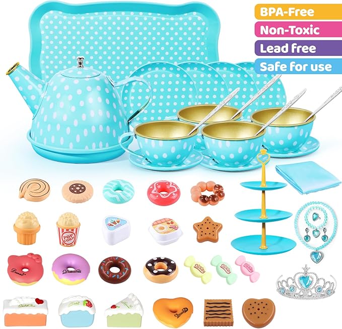 Tea Party Set for Little Girls, 49PCS Princess Tea Time Toys Including Tea Set Dessert Carrying Case, Kids Kitchen Pretend Playset (Bunny Tea Party Set Blue)