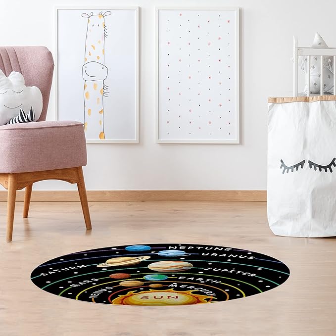 Cinbloo Space Rug for Kids Room Galaxy Solar System Area Round Mat for Boys Bedroom Educational Learning Planet Black Nursery Playroom Classroom Soft Floor Carpet (Black, 36"x36")
