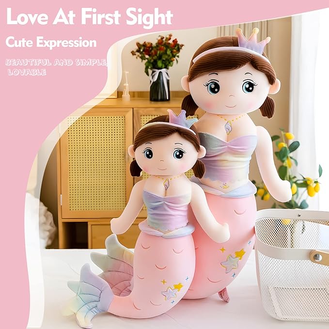 Mermaid Stuffed Animal Plush, 23.6in Cute Soft Pink Hugging Mermaid Plushies Pillow Toys Kawaii Birthday Gift for for Adults Kids Boys Girls