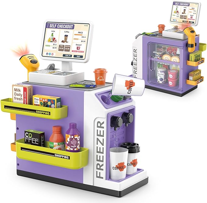 46PCS Cash Register Playset for Kids Pretend Play Coffee Machine with Water Outlet Function, Mini Supermarket Grocery Store with Money, Scanner,Play Foods, Gift for Boys and Girls (Purple)