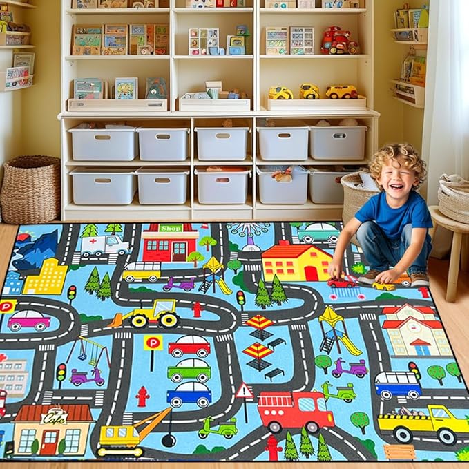 Car Mat for Kids Toy Cars - Car Track Rug Car Carpet for Kids Play Mat City Life Road Rug for Playroom Living Room Bedroom Classroom, 4'5''×6'