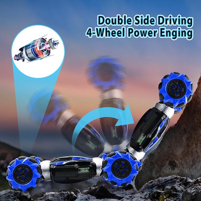 Gesture Sensing RC Stunt Car with Lights Music Hand Controlled Remote Control Car 4WD 2.4GHz Off-Road 360° Double Sided Rotation Stunt Car Birthday Gift Idea for Boys Girls (Blule)