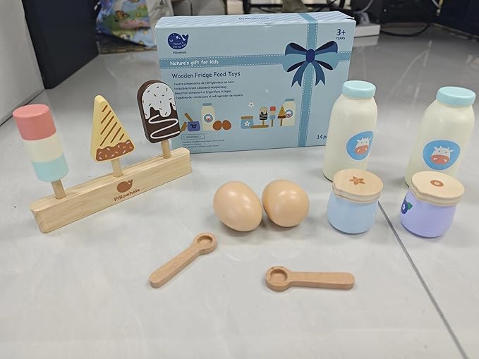 Pillowahle Wooden Play Food for Kids Kitchen, Play Kitchen Accessories, Toy Food Fake Milk, Yogurt, Egg, Ice Cream, Birthday Gift for Boys & Girls 3+