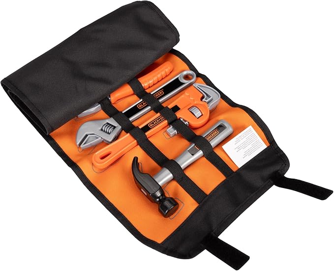 BLACK+DECKER Kids Tool Bag Set 13-Piece Junior Roll Up Bag Pretend Play Tools, Hammer, Phillips Screwdriver, Pliers, Adjustable Wrench & More! for Boys & Girls Ages 3+