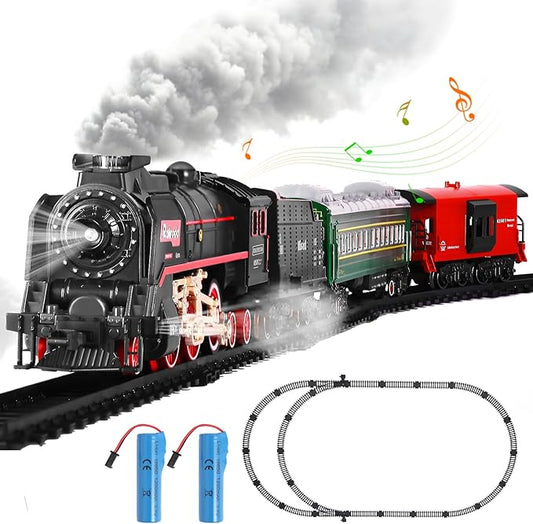 Train Set, Christmas Train Sets for Around The Tree Electric Train with Steam, Lights and Sound, Model Train Set for Kids Toy Gifts for 3 4 5 6 7 8+ Years Old (No Remote)