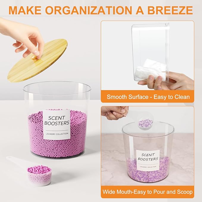 3+3 Pack laundry room organization - Dryer Sheet Holder, Laundry Pods Container, Clear Laundry Detergent Dispenser with Scoops Labels and Mesh Laundry Bags