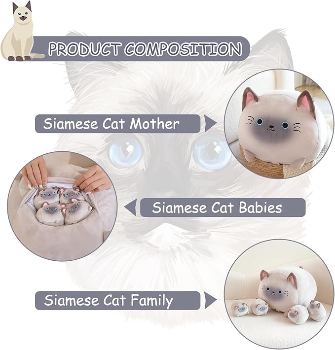 Siamese Cat Plush with 4 Baby Siamese Cat Stuffed Animals in Her Tummy, Cuddly Cartoon Body Pillow Gifts for Girls Boys