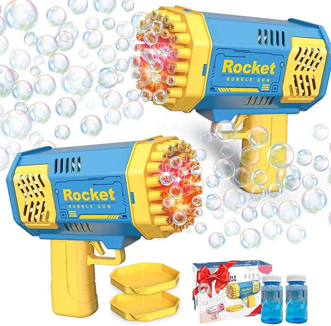 2 Bubble Gun with 2 Bottles Refill Solution for Kids, 40-Hole Light Up Rocket Bubble Machine for Toddlers 1-3, Blue Bubble Blaster Maker, Party Favors Toys for Boys Girls 4-8 Birthday Gifts