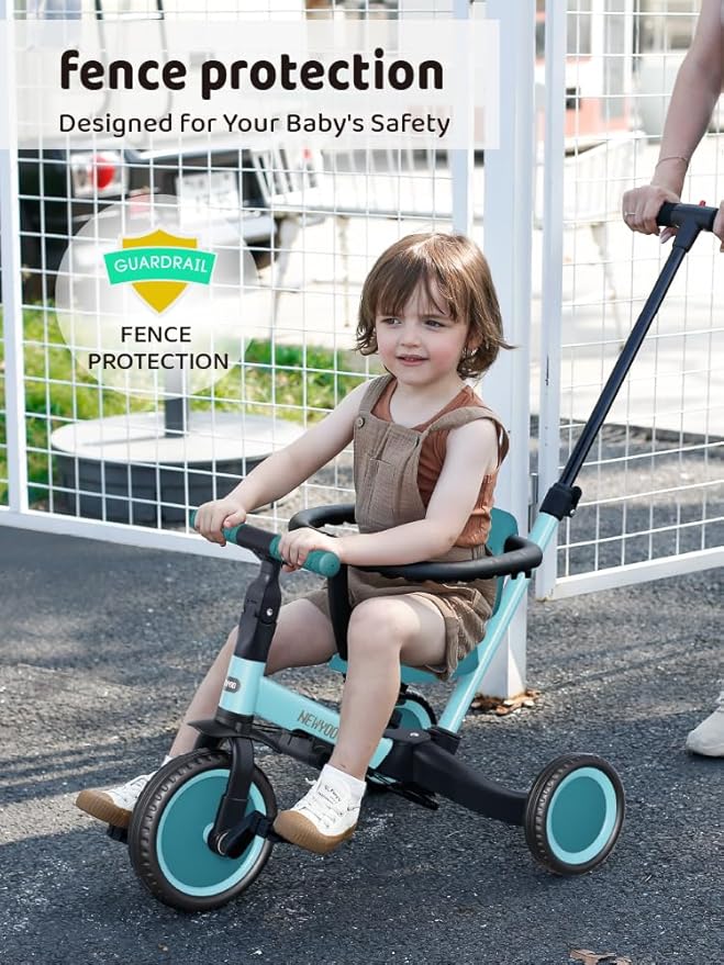 newyoo TR008 Toddler Push Tricycle, Toddler Bike for 1-3 Years Olds, Birthday Gift for Boys and Girls, 5 in 1 Balance Bike with Handle, Kids Trike with Safe Bar, Green