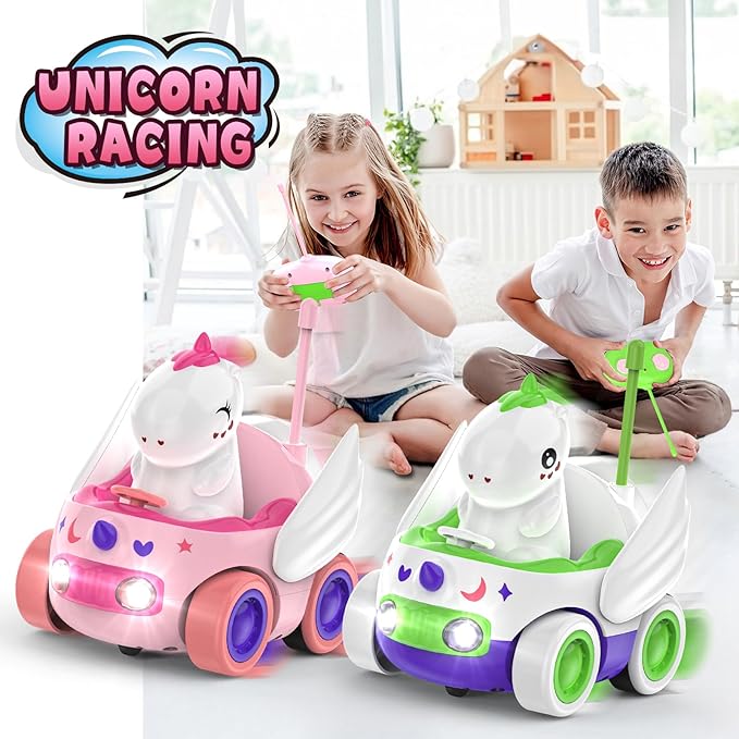 2 Pack Unicorn Remote Control Car for Toddler, Unicorns Gifts for Girls and Boys, Car Toys for Kids with LED Lights and Music, Christmas Birthday Gifts for Baby 2 3 4 5 Year Old