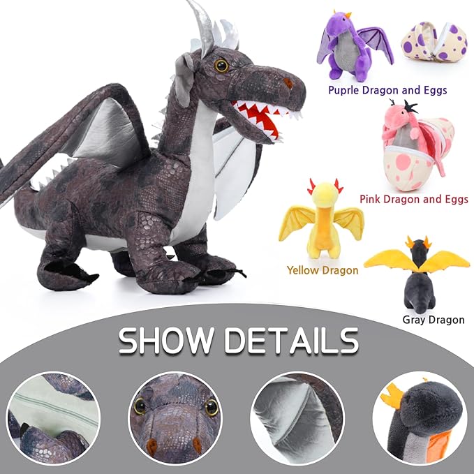 MorisMos Dragon Stuffed Animals with Baby Inside, 21 Inch Stuffed Dragon Plush Toy Set. Gift for Kids, Boys, Christmas, Gray