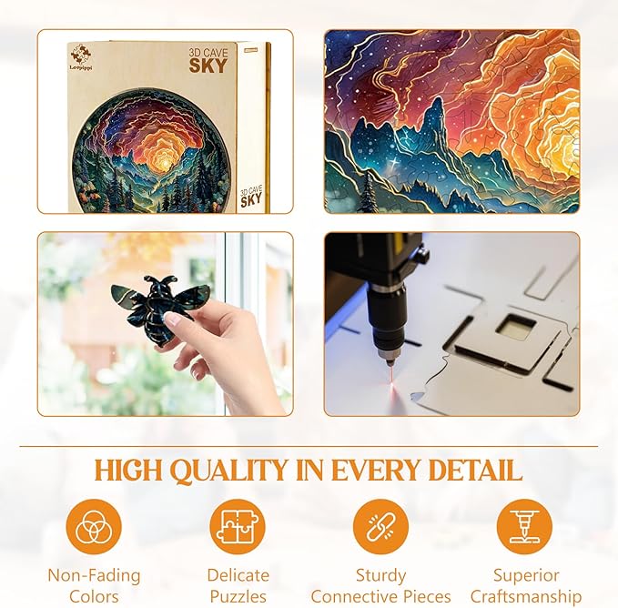 Wooden Puzzles for Adults, Wooden Jigsaw Puzzles for Adults Kids, 3D Cave Sky Unique Shaped Wood Puzzles Adult, Creative Birthday Gifts for Friends Family Game (11.4 * 11.4in 200pcs)