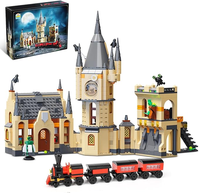 Castle Clock Architecture Building Set with Lighting, Train Building Toy Gift Ideas for Boys Kids Aged 8-14, Compatible with Lego Set, Castle Architecture Model for Adult and Movie Fans (868 PCS)