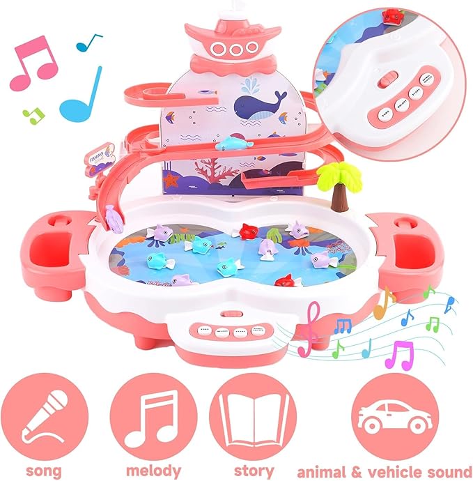 3in1 Fishing Game Toys for Kids with 34PCS Accessories Including Fishing Rod, Small Fish, Track, etc., STEM Toys with Music and Stories for Preschool Learning (Pink)