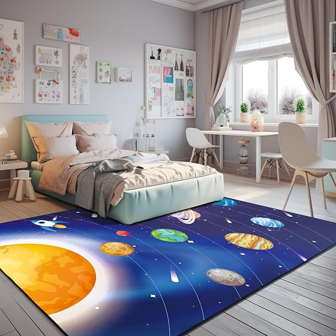 Space Rug for Kids Room Solar System Area Rugs for Boys Bedroom Kids Rugs for Playroom Space Planet Theme Play Mat for Kids Living Room Dining Room Classroom Decor 84x120 inch