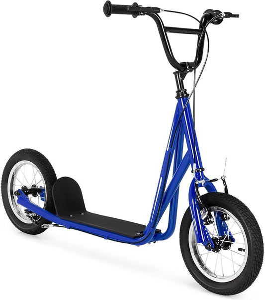 Goplus Youth Kick Scooter, Kids Kick Scooter W/ 12-Inch Air Filled Wheels, Carbon Steel Frame, Adjustable Handlebar, Front and Rear Dual Brakes, Ride On Toys for Adults Teens 8+