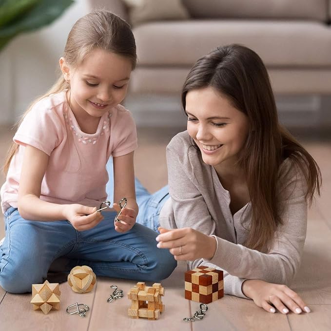 Brain Teaser Puzzles - 28 Pc Mind & IQ Puzzles, Wooden & Metal, 3D, Unlock Interlock, for Teens