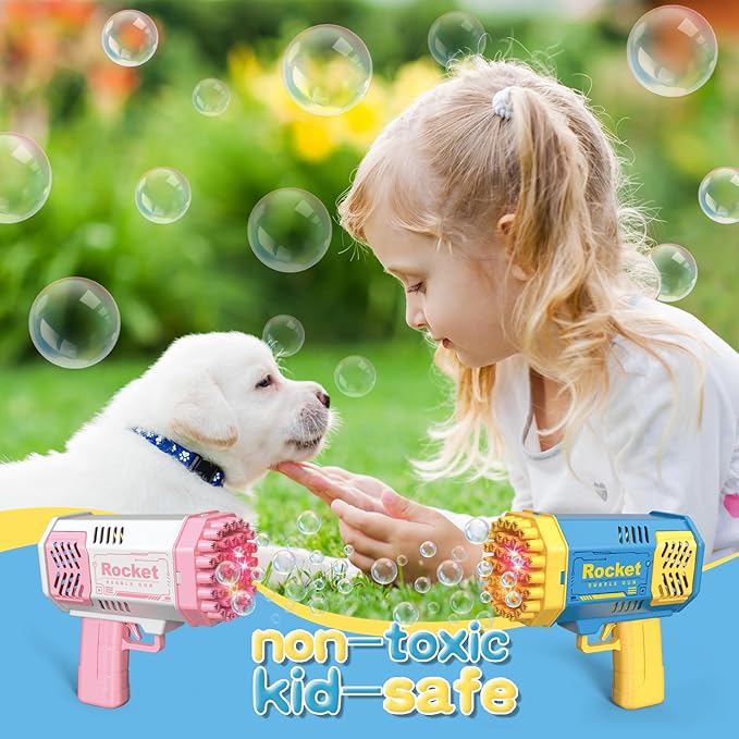 2 Bubble Gun with 2 Bottles Refill Solution for Kids, 40-Hole Light Up Rocket Bubble Machine for Toddlers 1-3, Bubble Blaster Maker, Party Favors Toys for Boys Girls 4-8 Birthday Gifts