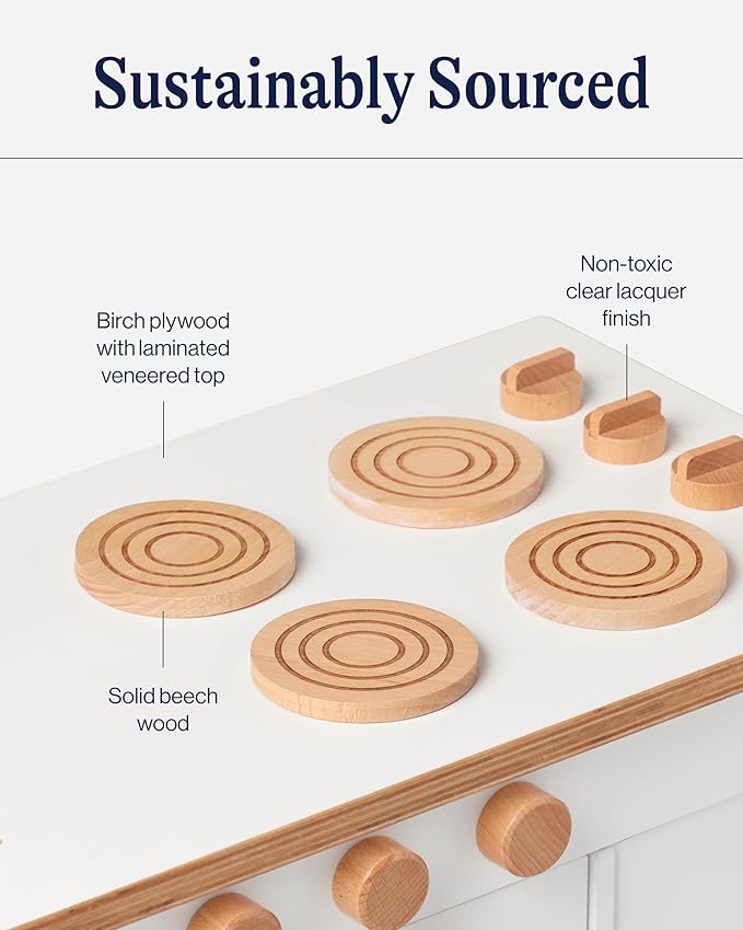 Lalo The Play Kitchen - Tool-Free Assembly, Toddler Kitchen Playset with Interactive Knobs & Doors, Safe for Kids 3+, Promotes Open-Ended Play, Wooden Play Kitchen, Made from Birch Wood - Coconut