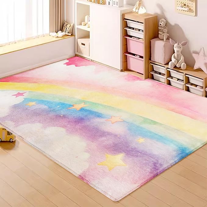ABREEZE Kids Rainbow Play Mat Ultra Soft for Room, 3.3'x5' Non Slip Multi Color Children Nursery Area Rug Baby Carpet for Bedroom Decor Playroom Living Room