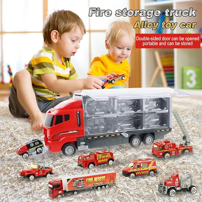 Coolplay Fire Truck Toy Set for Kids, Toy Vehicles Carrier Truck with Die-cast Cars, Rescue Firetruck for Boys 3-6 Years Old