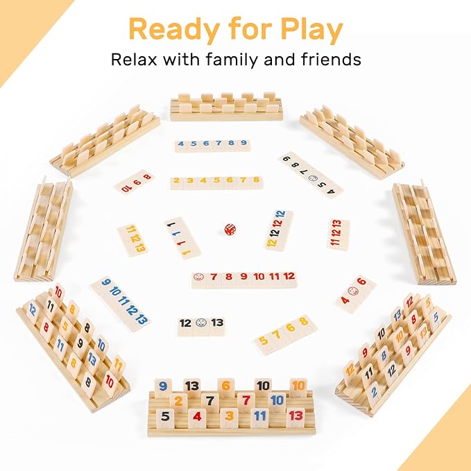 Rummy Cube 8 Player Edition with 8 Wooden Racks/Trays, 214 Large Numbers Rummy Tiles 6-8 Players Set with Zippered Case, Rummy Travel Game Set with 8 Tiles Holders for Family Adults Kids
