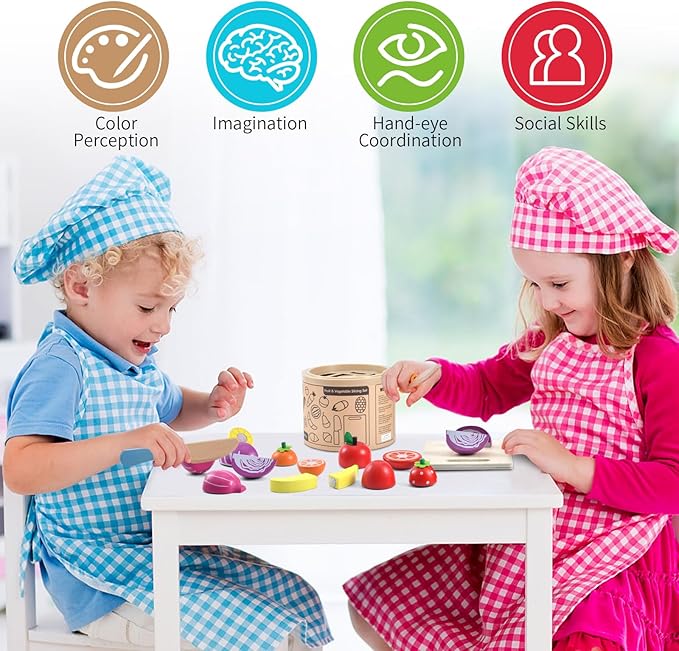 WHOHOLL Wooden Play Food for Kids Kitchen Playset, Play Kitchen Accessories Pretend Cutting Food Montessori Toys for 3+ Year Old with Basket, Toy Food for Fine Motor Skills
