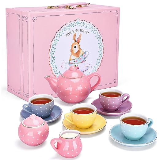 Jewelkeeper 13 Piece Complete Toddler Porcelain Tea Party Set - Exquisite Tea Cup Set for Little Girls - Includes Sugar Bowl, Creamer, Saucers in a Carrying Case - Colorful Pastel Dots