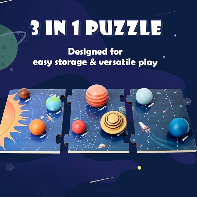 Wooden Solar System Model Board, Montessori Toys Planets Puzzle Science STEM Space Learning for Kids 4-8 with 3D Planets Models, Prechool Educational Gift for Boys Girls