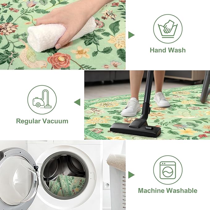 Floral Washable Runner Rug, 2x6 Green Rug Runners for Hallways Non-Slip, Soft Low Pile Flower Birds Long Bathroom Mat Botanical Throw Carpet for Kitchen Laundry Entryway Porch