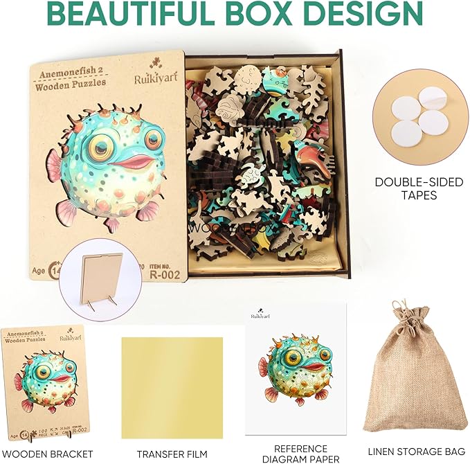 Fish Wooden Puzzles for Kids,100 Pieces Unique Shaped Jigsaw Puzzles for Adults and Children,Family Game,Birthday Children's Day Gifts,7.87x8 Inches