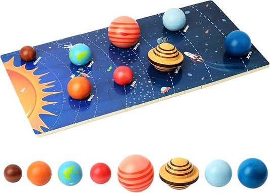 Wooden Solar System Model Board, Montessori Toys Planets Puzzle Science STEM Space Learning for Kids 4-8 with 3D Planets Models, Prechool Educational Gift for Boys Girls