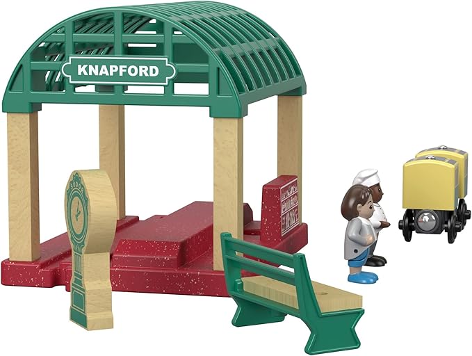 Thomas & Friends Wooden Toy Knapford Train Station Playset with Figures & Passenger Coach for Preschool Pretend Play Kids Ages 3+ Years