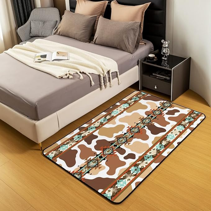 Erosebridal Brown Cow Print Area Rug 4x5, Highland Cowhide Rug, Western Rugs Exotic Aztec Carpet for Bedside, Farmhouse Wild Animals Longhorn Skin Cowboys Non Slip Decorative Rug for Men