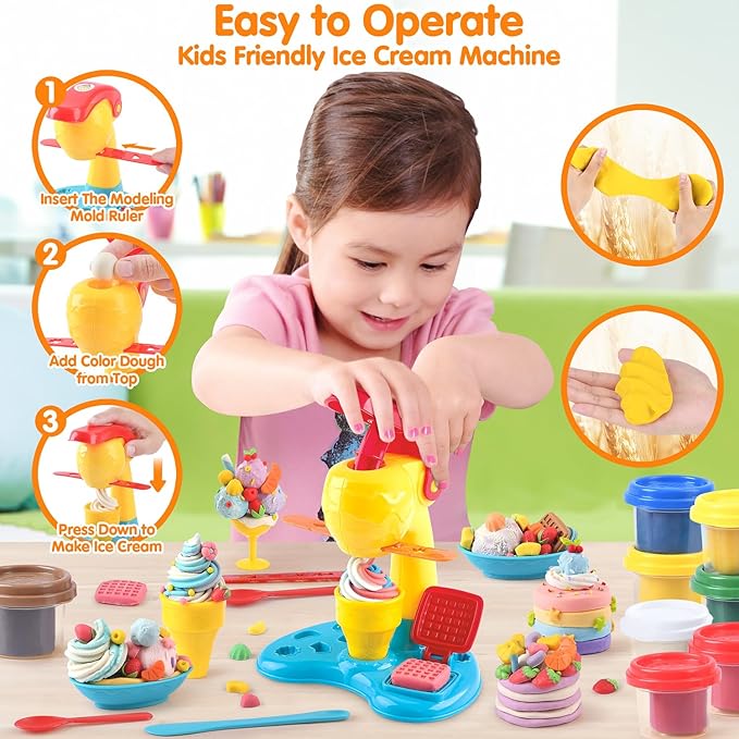 Color Dough Sets for Kids Ages 4-8, Play Kitchen Ice Cream Maker Color Dough Set for Kids Ages 3+, Arts Crafts play Food Toys for Girls Boys,8 Cans of Modeling Compound,2 oz Cans,Multicolor
