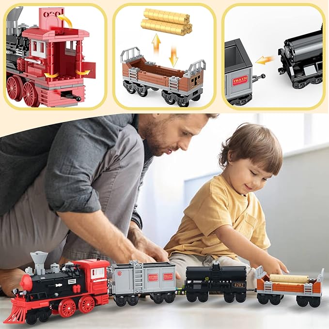 BRICK STORY City Freight Building Set, Retro Cargo Train Model, Classic Steam Train Building Blocks Toys, Creative Gift for Boys Kids Aged 8-14, 623 Pieces