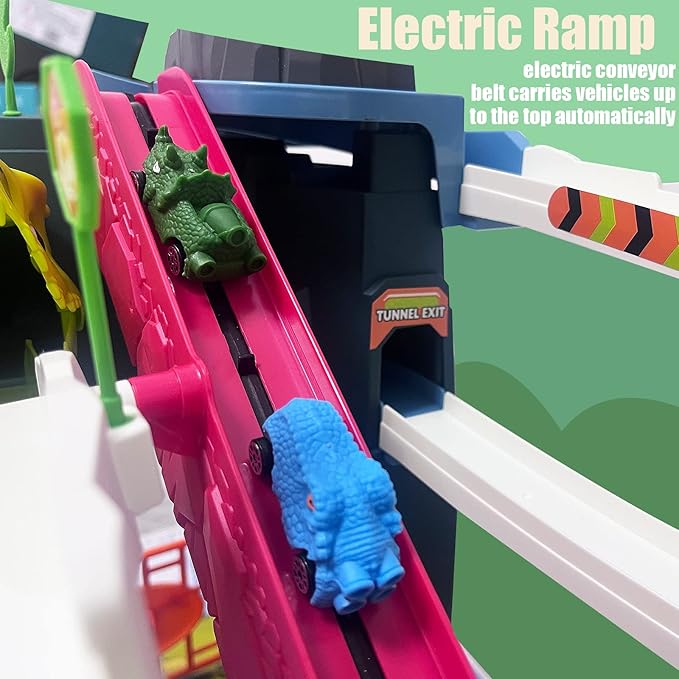 Children's Toy Car Ramp Track Dinosaur Spray Hills Adventure Railcar Slot Car Vehicle Race Play Set with 20 Mini Cars for Preschool Boys Puzzles Gifts Kids Ages 3 to 6 or Older (Spray Dinosaur)
