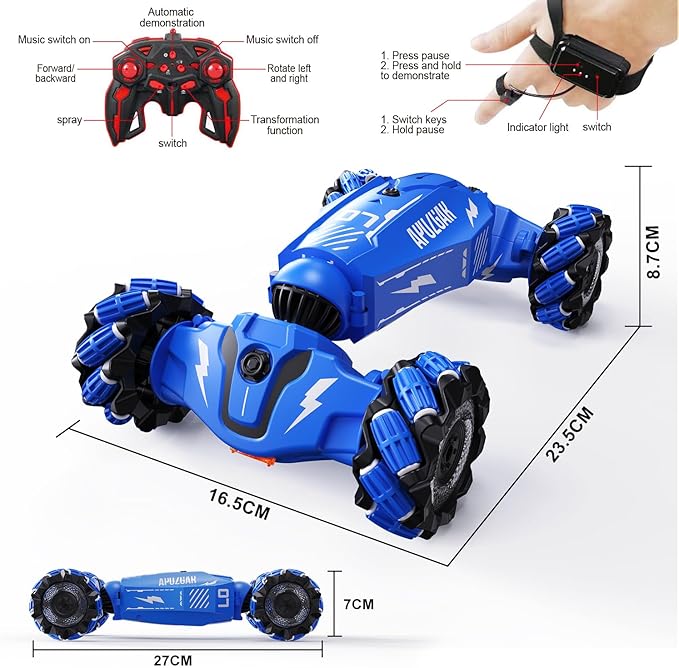 Upgraded Hand Gesture Sensing RC Stunt Car with Lights Music, Spray Drift RC Car 360 Spins All Terrains Hand Controlled Toy for 6-10 Year Old Boys